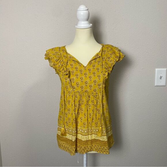 Rose + Olive Yellow Boho Short Flutter Sleeve Top W/ Tassels Women's Size Small - Picture 6 of 14